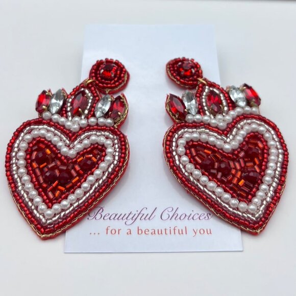 Handmade Beaded Earrings Red Hearts Jewelry Elegant beaded Headband - Picture 1 of 5